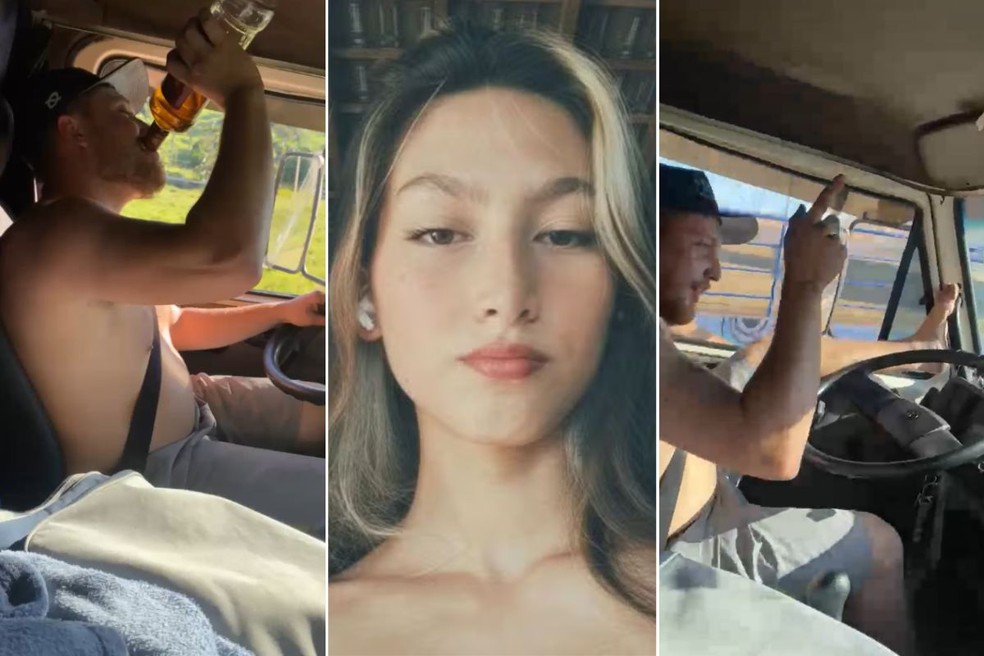 Imagens mostram o caminhoneiro Matheus Henrique Poly Garcia ingerindo bebida alcoólica momentos antes de matar Joyce Akemi Santana Muraoka atropelada em Jacupiranga, SP — Foto: Reprodução e Redes Sociais
