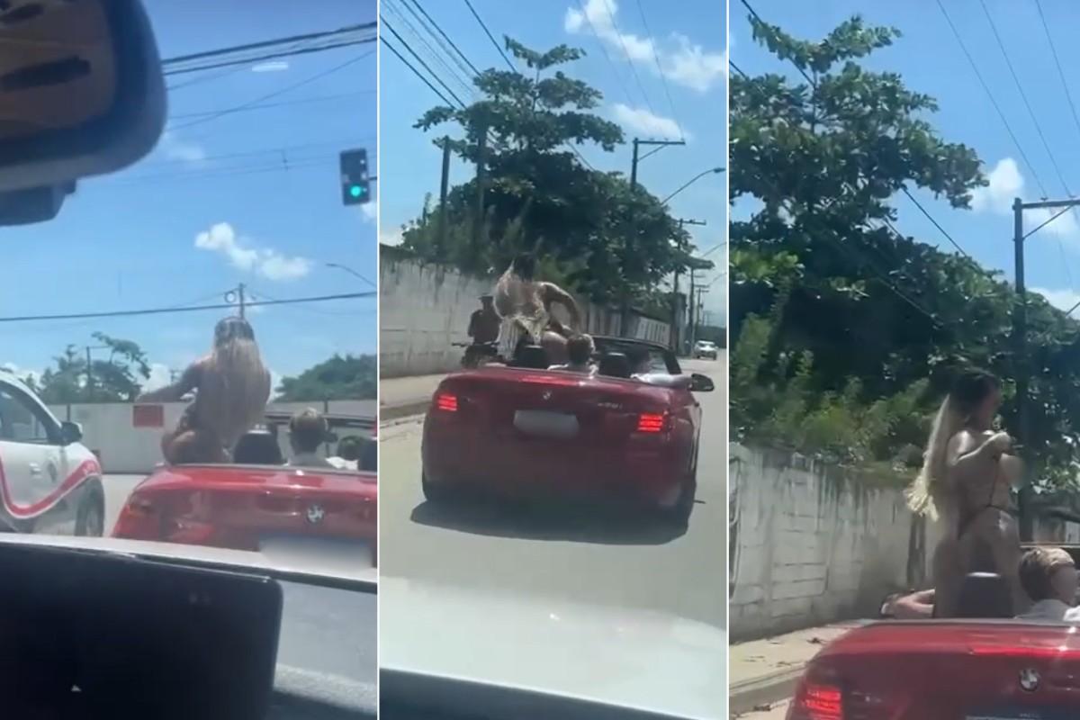 Mulher em carro conversível rebola e mostra os seios para viatura da PM; VÍDEO