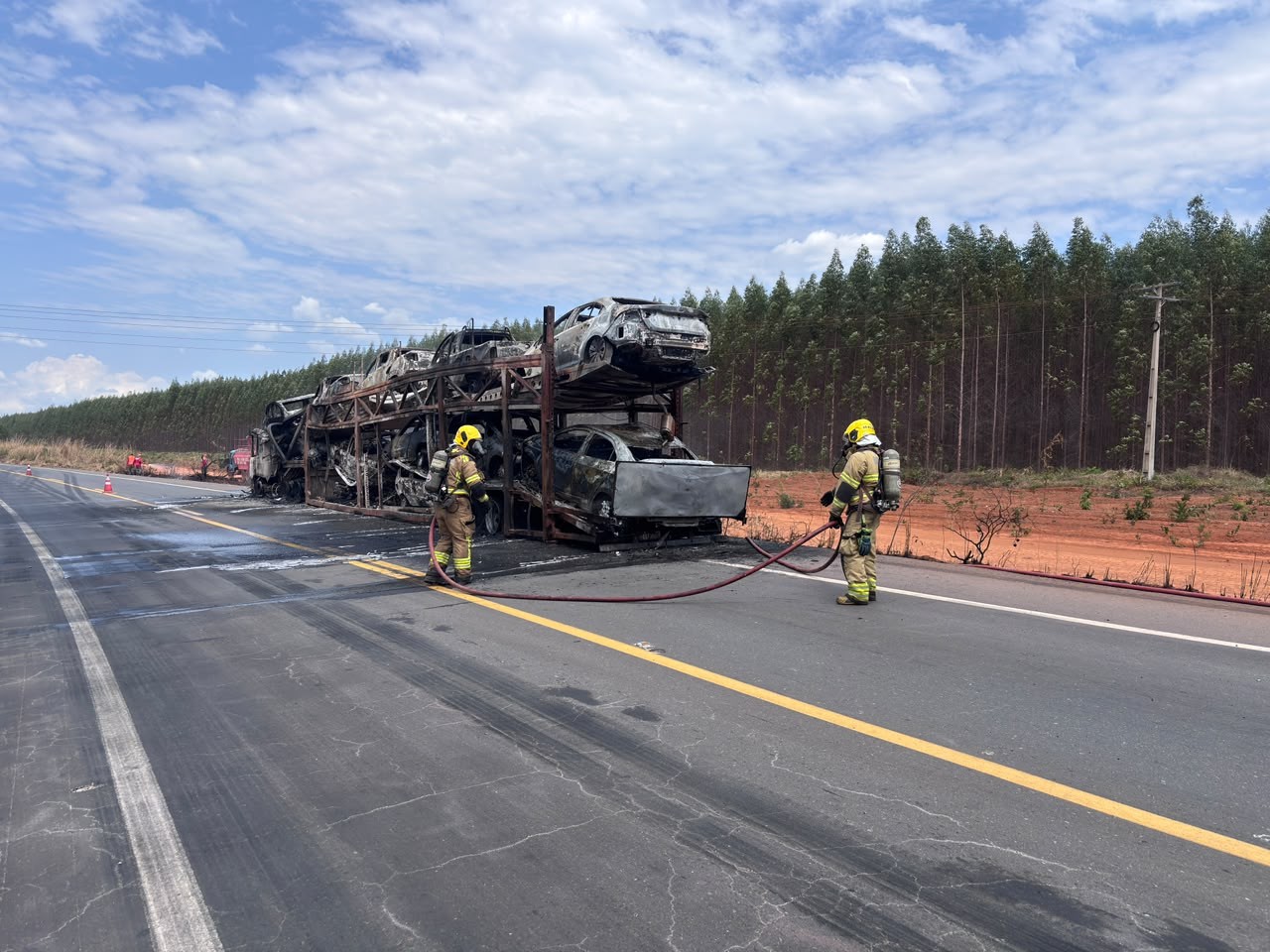 Cegonheira que transportava 28 veículos de SP para Salinas pega fogo na BR-251; FOTOS