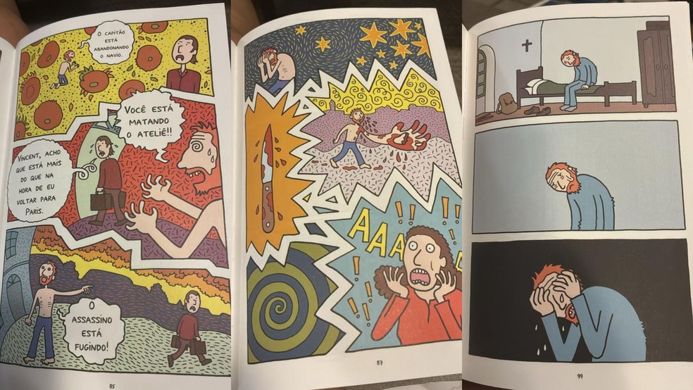 HQ recomendada para alunos do 5º ano mostra Van Gogh em surto com imagens de sangue — Foto: Montagem/g1