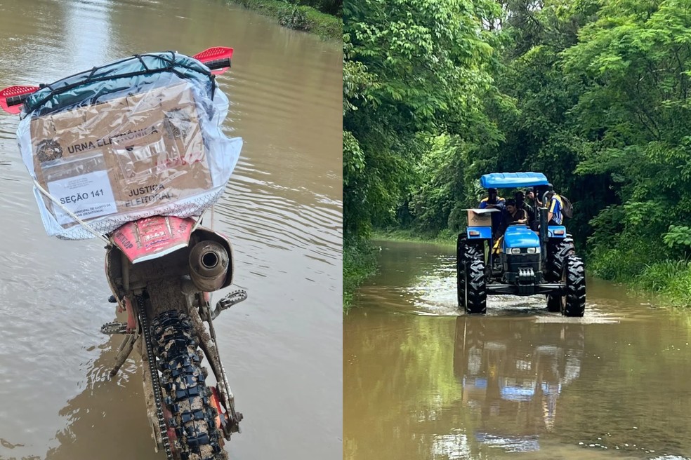 Moto, trator e barco são usados para transportar urnas eletrônicas em meio a alagamentos em cidade do Paraná — Foto: Fórum Eleitoral de Prudentópolis