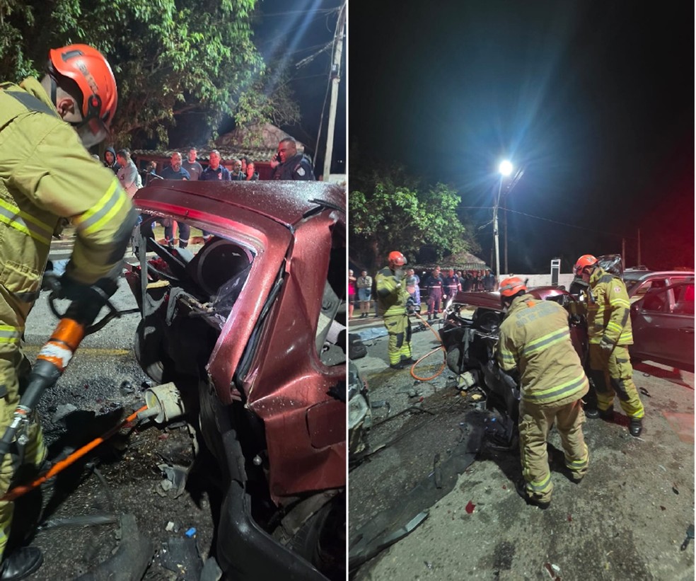 Bombeiros em trabalho para retirar vítima das ferragens em acidente em Saquarema — Foto: Saquarema_oficial