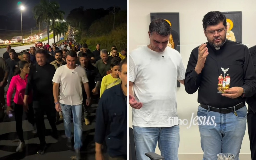 Em Goi�s, o senador Fl�vio Bolsonaro (PL) participou da Romaria do Divino Pai Eterno e orou com o Padre Marco Aur�lio � Foto: Reprodu��o/Instagram Fl�vio Bolsonaro