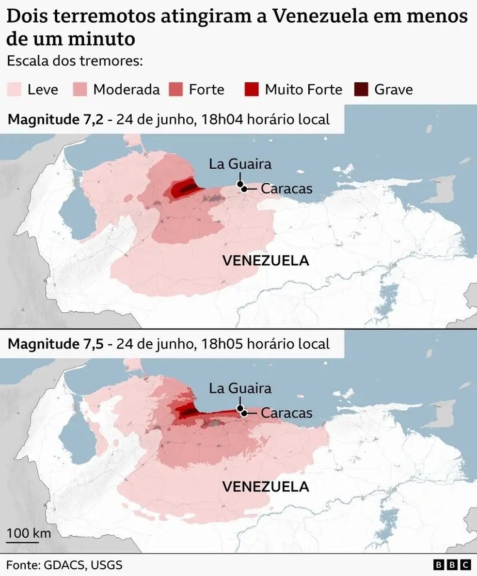 Mapa da BBC mostra terremotos que devastaram a Venezuela em 24 de junho de 2026. — Foto: BBC