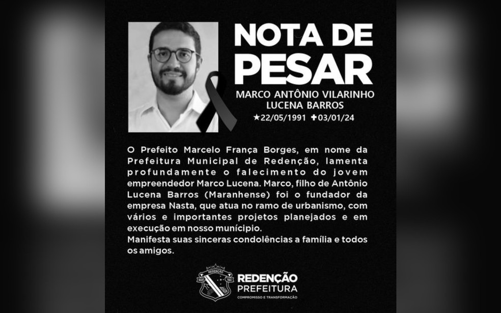 Nota de pesar da Prefeitura de Redenção, no Pará — Foto: Reprodução/Redes Sociais