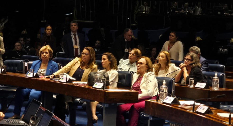 Bancada feminina do Senado se agrupou para ouvir Pacheco falar sobre o projeto que equipara aborto após a 22ª semana a homicídio — Foto: Vinícius Cassela/ g1