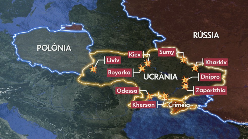 Mapa mostra cidades ucranianas bombardeadas pela Rússia nesta sexta (29) — Foto: Reprodução/TV Globo