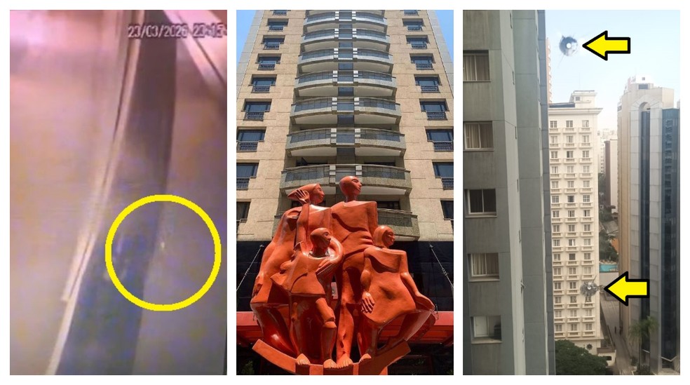 Câmera do corredor do 16º andar gravou momento em que um dos tiros atinge vidro do InterContinental. Mais disparos perfuraram vidro de um dos andares. — Foto: Reprodução/Arquivo pessoal/Instagram InterContinental