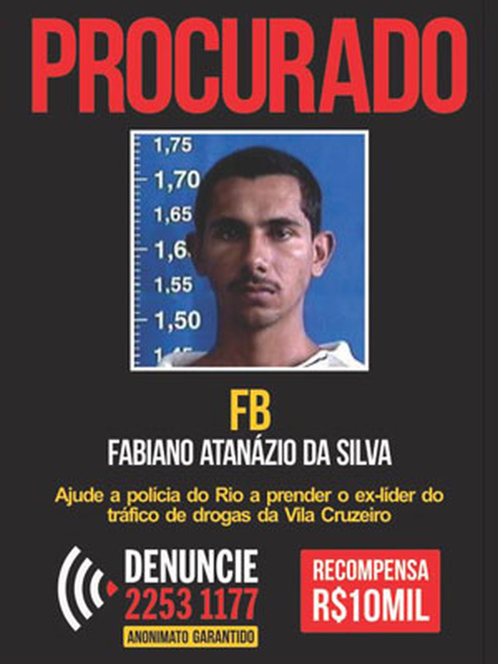 Disque Denúncia oferecia R$ 10 mil por informações que levassem a encontrar traficante FB, preso em 2012 em SP — Foto: Divulgação/Disque-Denúncia