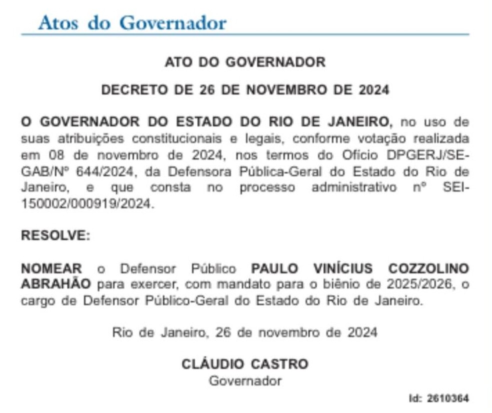 Cláudio Castro nomeia Paulo Vinícius Cozzolino como novo defensor  público-geral do RJ | G1