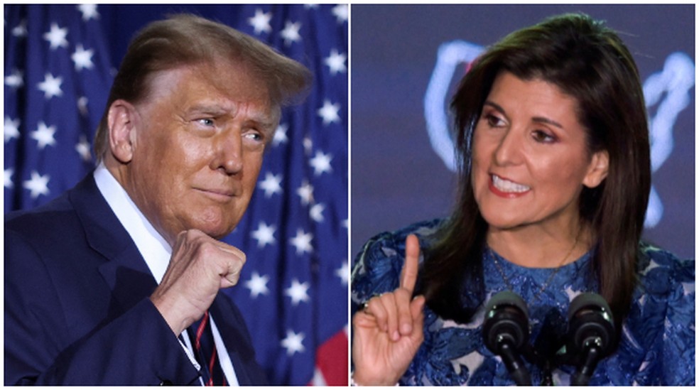Trump e Nikki Haley durante campanha das primárias de New Hampshire — Foto: Reuters