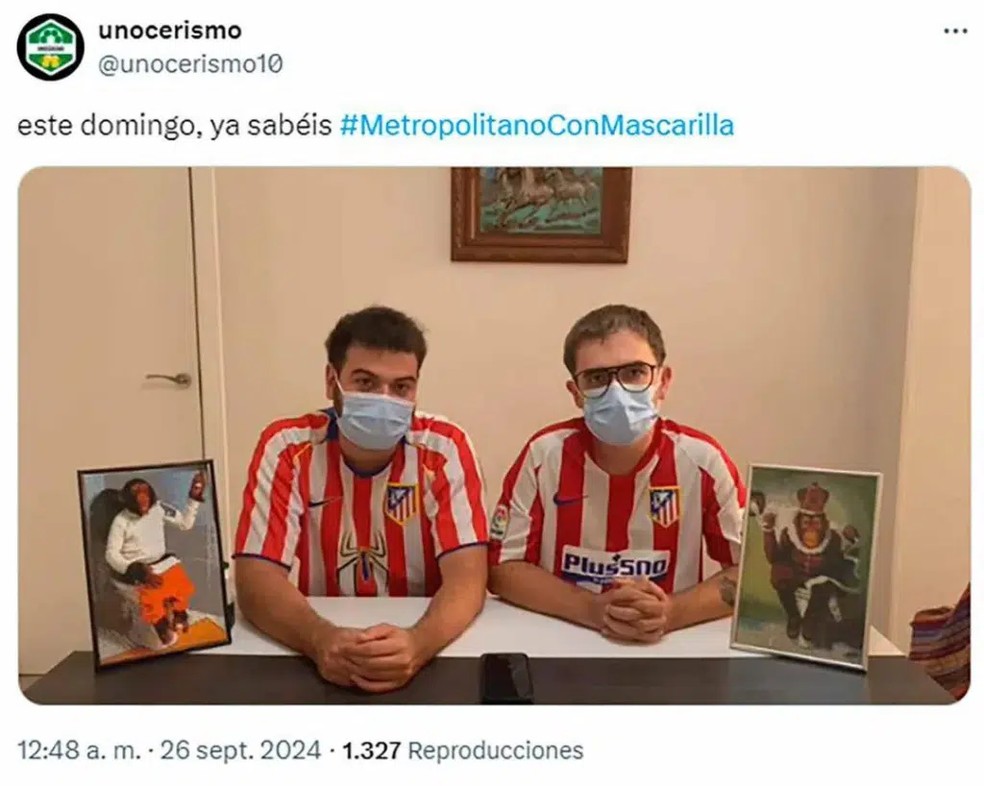 Torcedores do Atlético de Madrid, da Espanha, criaram campanha para torcida ir ao estádio com máscaras de Covid-19 para proferir ofensas racistas contra Vini Jr. em clássico contra Real Madrid de 29 de setembro de 2024 — Foto: Reprodução/redes sociais