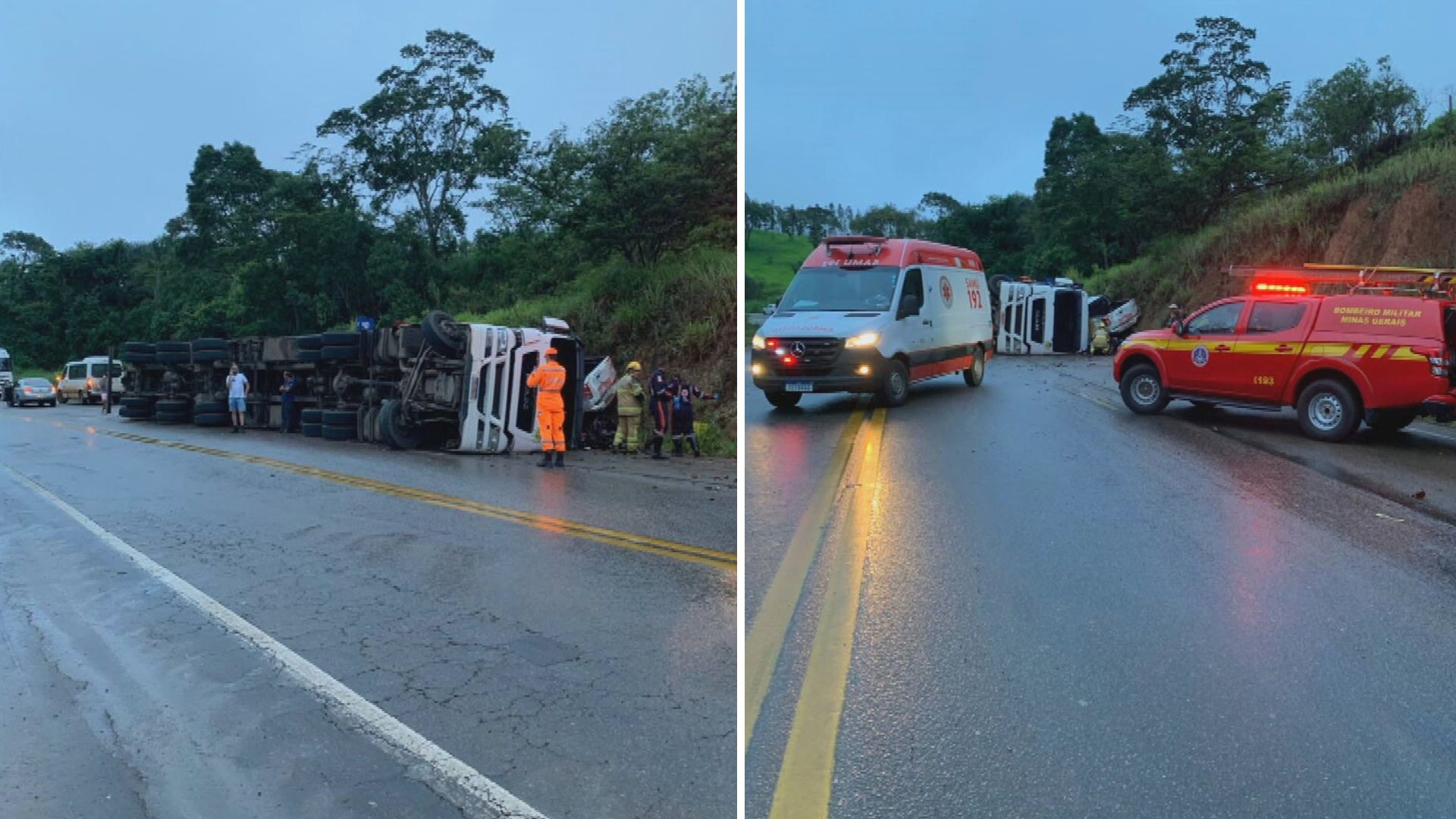 Carreta carregada com cerveja tomba em Itabira e atinge caminhonete; VÍDEO