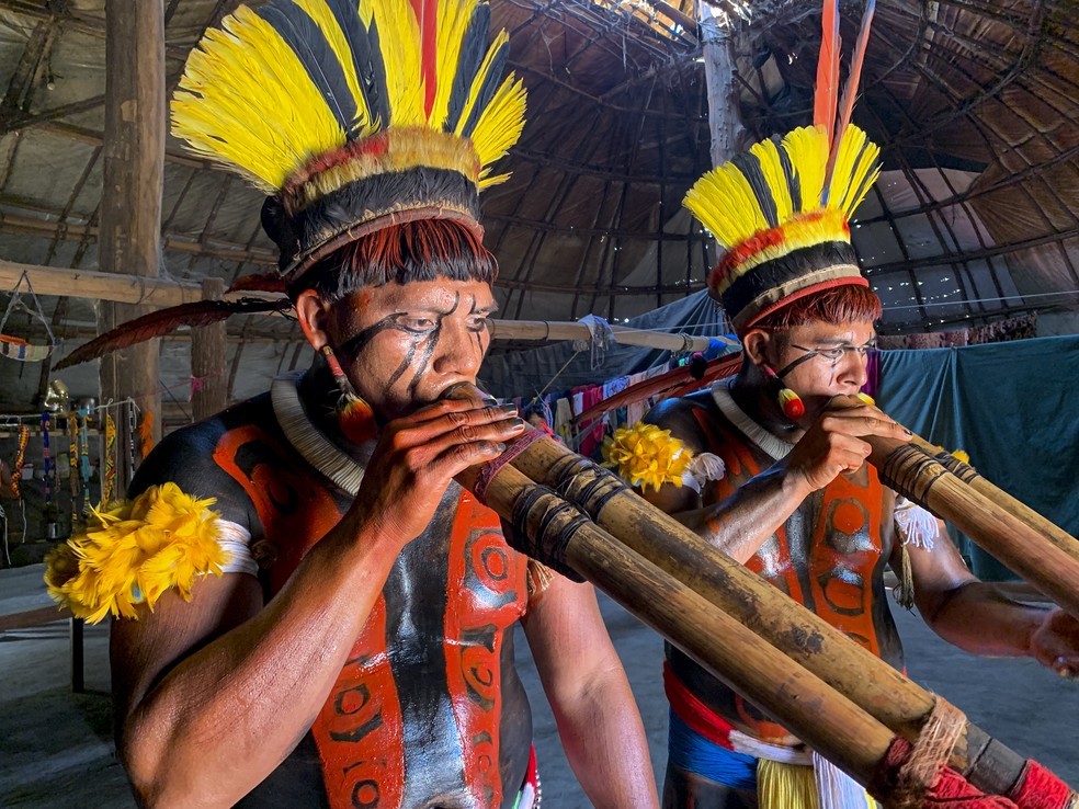 Cerminônia Kuarup feita pelos indígenas no Parque Nacional do Xingu — Foto: Fundação Nacional dos Povos Indígenas (Funai)