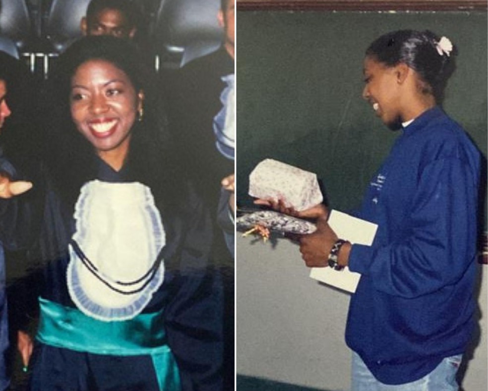 Maria Alice durante a formatura do magistério e na formação da primeira turma de jovens e adultos em São Carlos — Foto: Arquivo pessoal