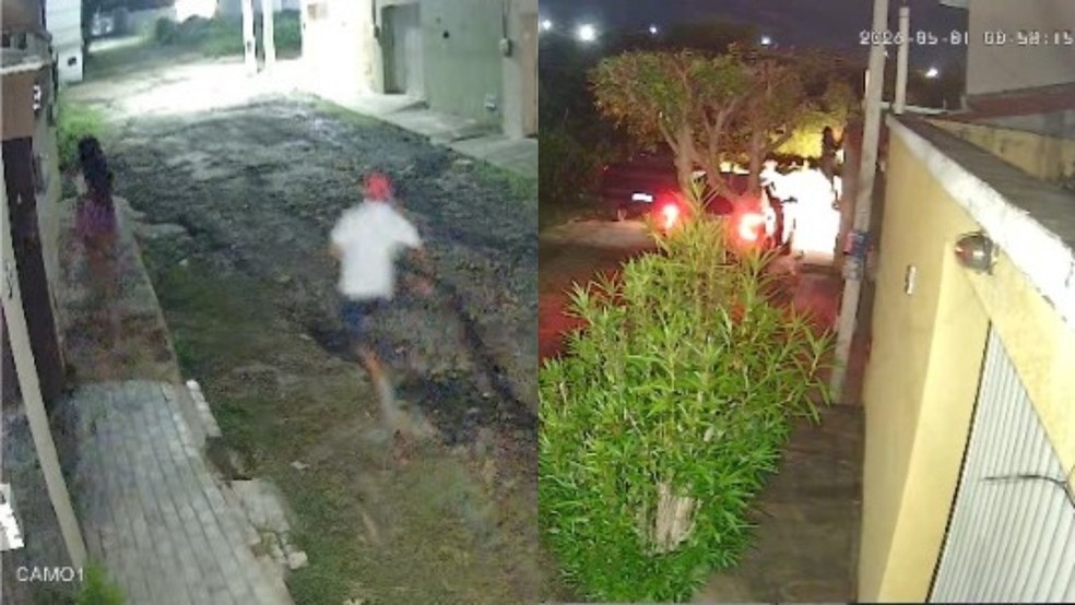 À esquera, namorado corre atrás de Ana Clara. À direita, irmão dele escala parede para invadir residência e praticar crime — Foto: Reprodução