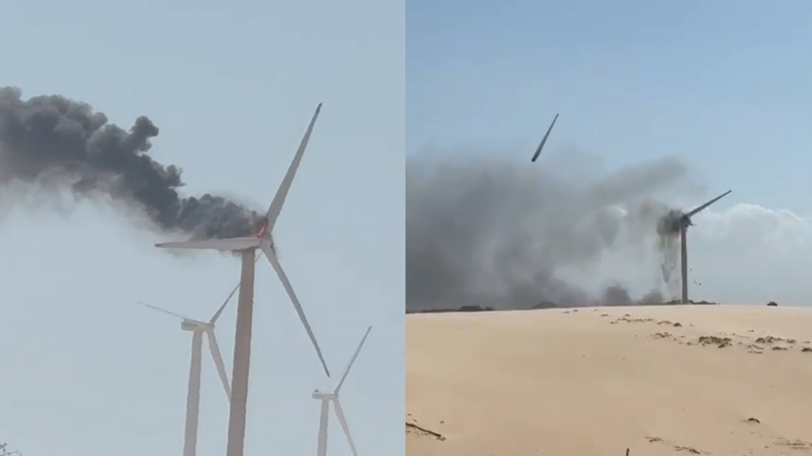 Vídeo: turbina eólica pega fogo e pás se soltam em Aracati, no Ceará