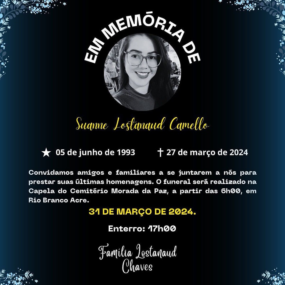 Família divulgou nota com informações sobre velório de Suanne Camello — Foto: Reprodução