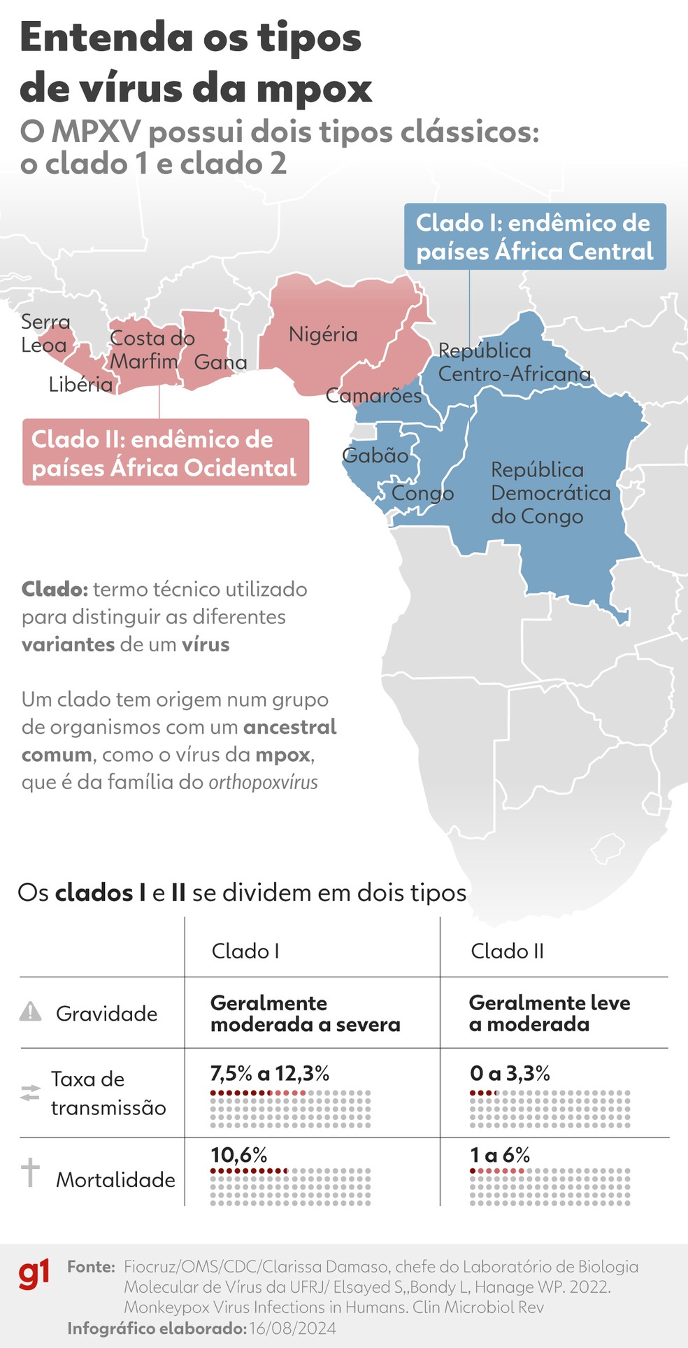 O vírus da mpox possui dois tipos clássicos, com diferentes níveis de gravidade. — Foto: Ana Moscatelli/Arte g1