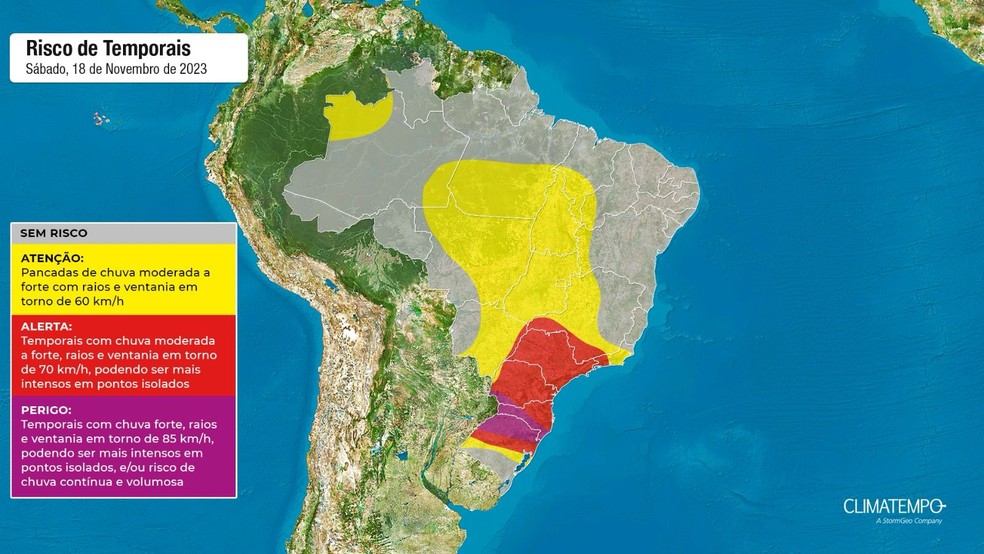 Boa parte de Mato Grosso do Sul está em risco de tempestade. — Foto: ClimaTempo/Reprodução